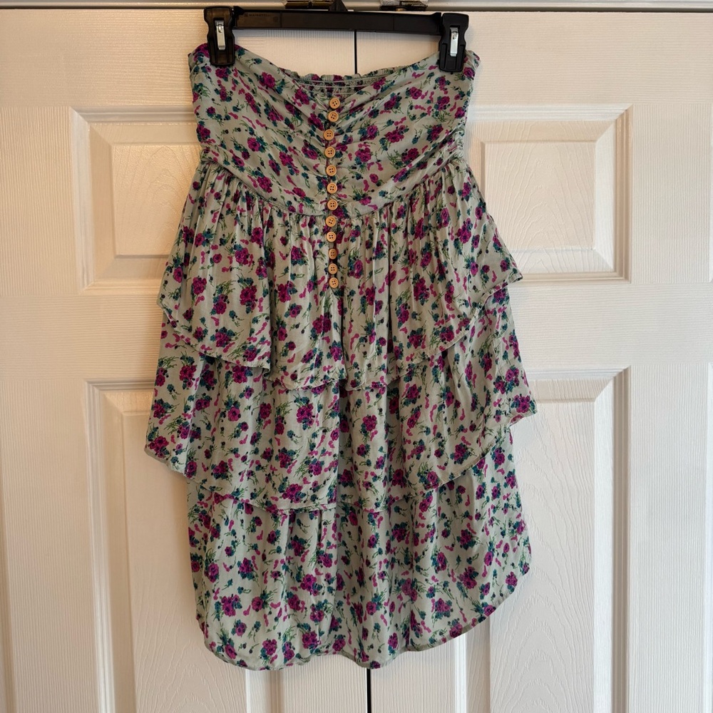 Theme Strapless Floral Ruffle Dress with Buttons